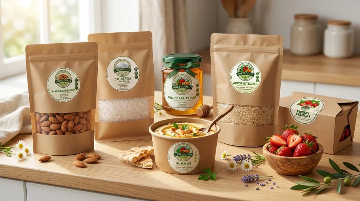 Productos de despensa Green Dolio sobre una mesa de cocina