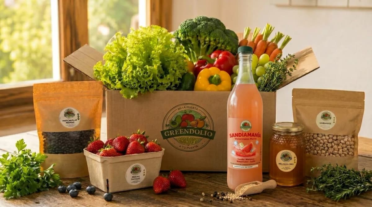 Caja Green Dolio recién armada con vegetales y frutas frescas.